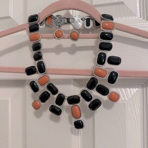 Elegant Black and Coral Statement Necklace and Earrings
